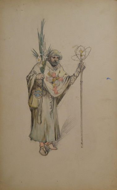 null Alphonse MUCHA (Ivancice 1860 - Prague 1939) Étude de costume pour un pèlerin....
