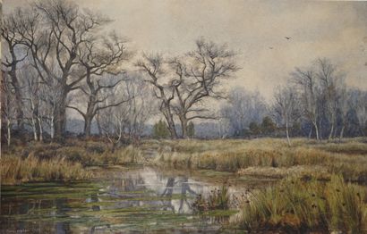 null Arthur Alfred BURRINGTON (1856-1924). Paysage lacustre. Aquarelle signée en...