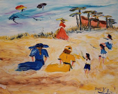 null Gérard LE ROUX (1942). Cerf-volants sur la plage. Huile sur toile signée en...