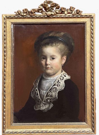 null L. CERRAUD, XIXe. Portrait de fillette au col feuilles de fougères. Huile sur...