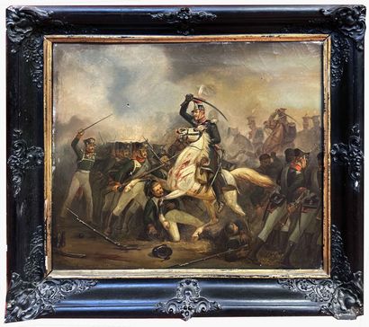 null A. DESPAGNE, XIXe. Scène de bataille au cavalier. Huile sur toile signée en...