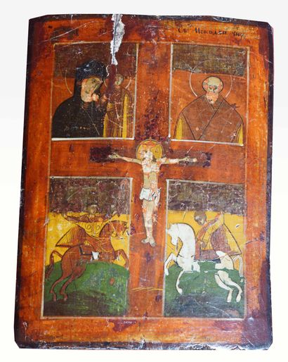 null ICONE figurant le Christ en croix encadré de quatre scènes. Huile sur panneau...