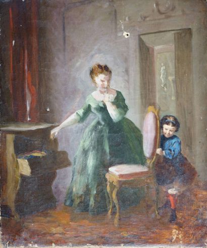 null Ecole française XIXe. Mère et sa fille dans un intérieur. Huile sur toile (accidents)....