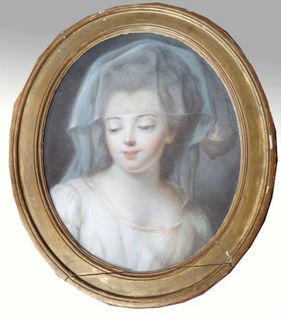 null Ecole française fin XVIIIe. Portrait de jeune femme au voile. Pastel à vue ovale....