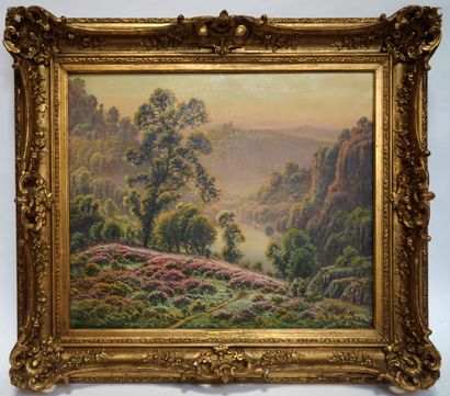 null Gaston ANGLADE (1854-1919) Paysage de bruyères animé. Huile sur toile signée...