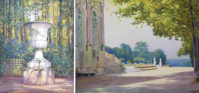null Isidore ROSENSTOCK (1880-1956) Parc et vase fleuri dans un parc. Deux aquarelles...