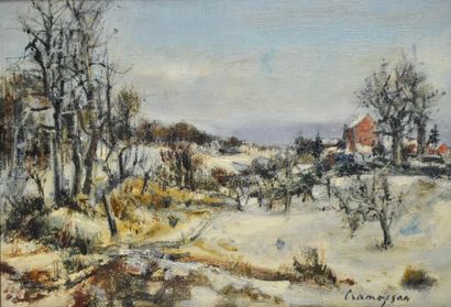 null Marcel CRAMOYSAN (1915-2007) Paysage de neige. Huile sur toile signée en bas...