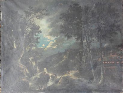 null J. GUICHARD (1806-1880), Paysage au crépuscule, huile sur toile signée en bas...