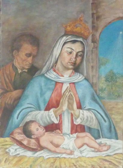 null Cesar MARINO, Vierge à l'enfant, huile sur toile signée en bas à droite, située...