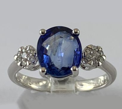 null White gold ring set with an oval faceted sapphire and modern cut diamonds. Gross...