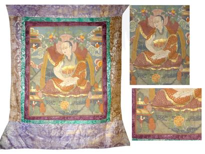 null Tangka peint sur tissu représentant l'Arhat Gopaka (15ème des 16 Arhats) tenant...