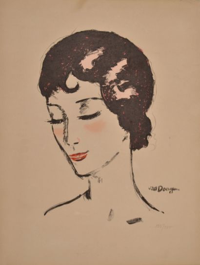 null Kees VAN DONGEN (1877 - 1968) Tête de femme les yeux baissés. Lithographie en...