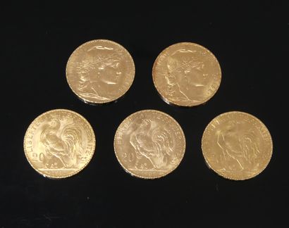 FIVE PIECES of 20 francs gold Marianne