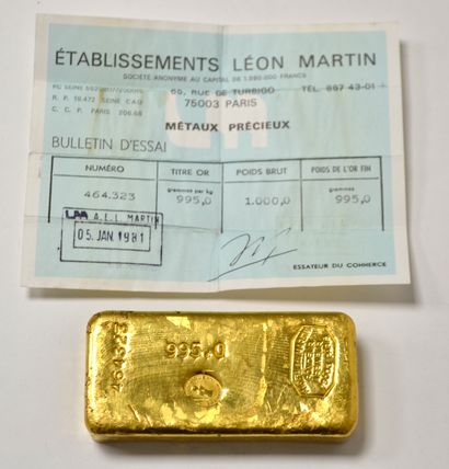 Gold INGOT n°464323. Gross weight 1000 g....