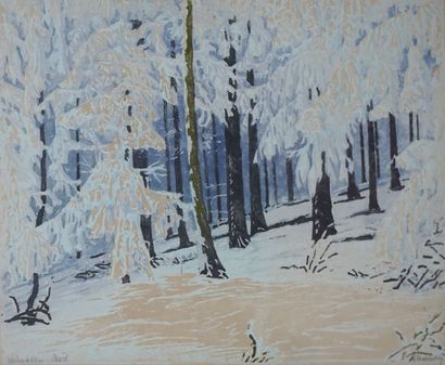 null Paul LESCHHORN (1876-1952) Snowy undergrowth. Wood engraving in colours, signed...