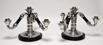null Pair of silver and wood CANDELABRES with three arms of light, resting on a round...