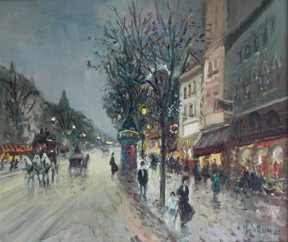  Merio AMEGLIO (1897-1970) Les grands boulevards à Paris, animés le soir. Huile sur...