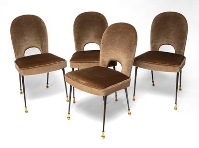 Four CHAIRS, the taupe velvet trim, the base...