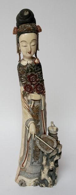 CHINA. Large polychrome carved ivory GUANYIN....
