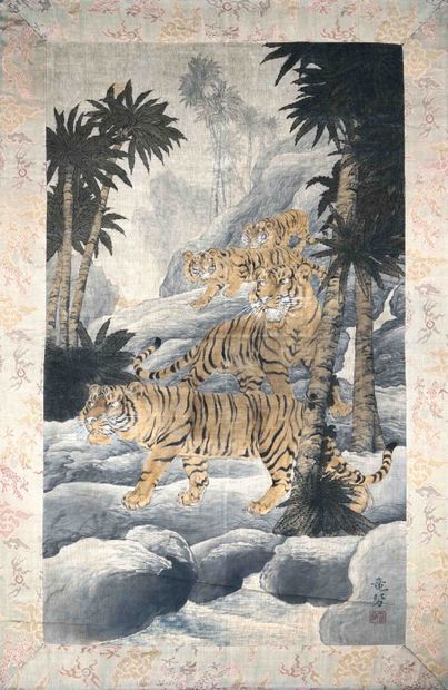 null JAPAN XIXth. TENT with tigers. 175 x 112 cm.