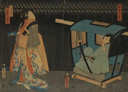 null JAPAN, 19th century. Two figures, one in a palanquin. Woodblock print on two...