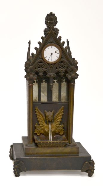  Romantic clock with mechanism, in bronze in the shape of a gothic pinnacle, the...