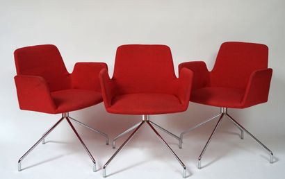 null INCLASS. Three CHAIRS, turning on chrome foot, red fabric trim. Around 1980....