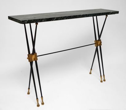 null 
*CONSOLE in patinated metal, the spindle base, the brass shoes, the antique...