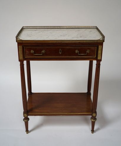  Small mahogany DESSERTE, the marble top with openwork brass gallery, opening by...