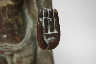 null Important BUDDHA in bronze with a black patina shaded in green, standing with...