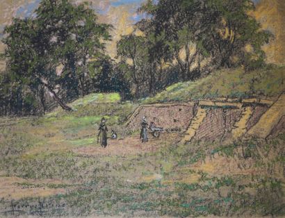 null Pierre Ernest PRINS (1838-1913) Women near fortifications. Pastel signed lower...