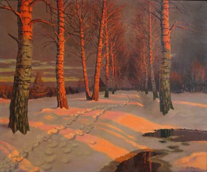 null 
Michail Markianovic GUERMACHEFF (1867-1930) Snowy road in the glowing sunset....