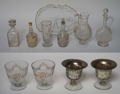  Lot of 19th century GLASS OBJECTS, including a pair of GLASSES engraved with flowers,...