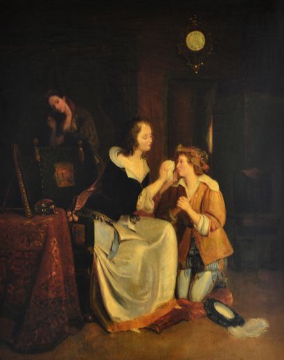 null Ecole romantique vers 1840. Mère consolant son fils. Huile sur toile. 89 x 56...