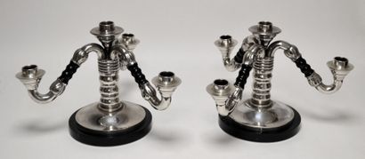null Pair of silver and wood CANDELABRES with three arms of light, resting on a round...