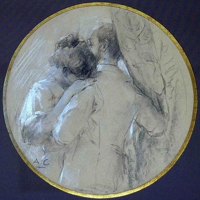 null Antoine CALBET (1860-1944). Couple enlacé. Dessin au fusain et rehauts de craie...