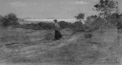 null Antoine CALBET (1860-1944). Promeneuse dans la lande. Fusain et rehaut de craie...