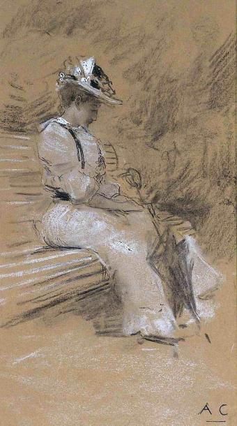 null Antoine CALBET (1860-1944). Elegante sur un banc public. Fusain et rehaut de...