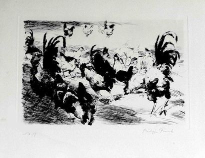 null Philipp FRANCK (1860-1944). Coqs et poules. Eau forte signée, n°37. 30 x 38...
