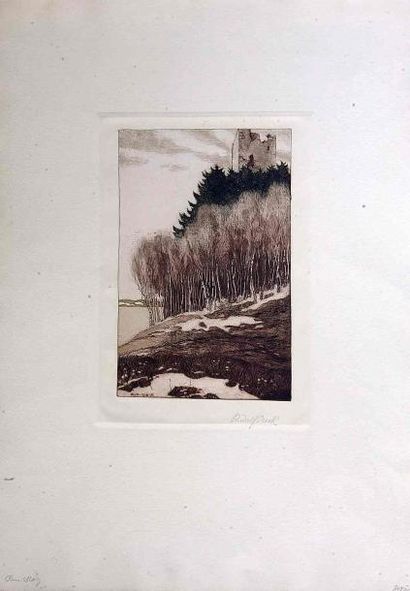 null Rudolf SIECK (1877-1957) Paysage à la tour. Eau-forte et aquatinte en couleurs...