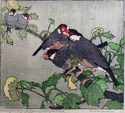 null Elisabeth CONSENTIUS (1878-1936). Oiseaux branchés. Bois gravé en couleurs signé....