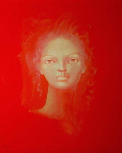 null Leonor FINI (1908-1996). Tête de femme sur fond rouge. Lithographie en couleurs...
