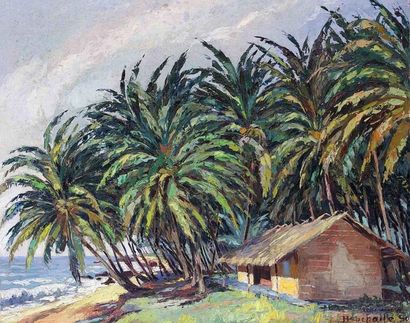 null Jean Marcel BUCHAILLE (1903-1986) Bord de plage à Kribi, Cameroun. Huile sur...