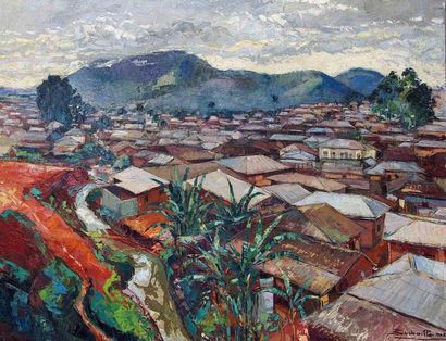 null Jean Marcel BUCHAILLE (1903-1986) Panorama de Yaoundé, Cameroun, 1968. Huile...