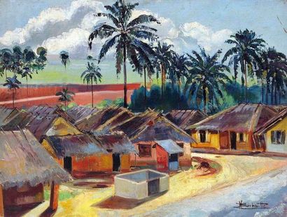 null Jean Marcel BUCHAILLE (1903-1986) Village au couchant, Cameroun. Huile sur carton...