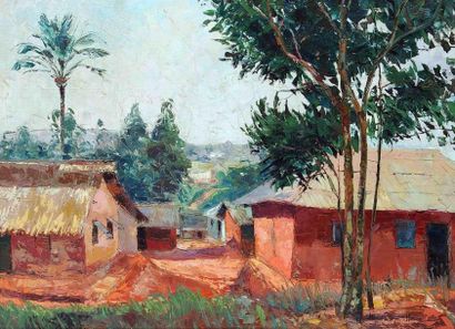 null Jean Marcel BUCHAILLE (1903-1986) Quartier à Yaoundé, Cameroun. Huile sur toile...