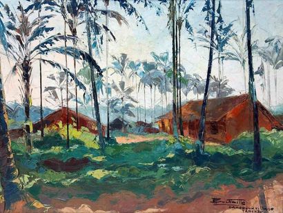 null Jean Marcel BUCHAILLE (1903-1986) Village à Yaoundé, Cameroun. Huile sur toile...