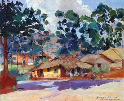 null Jean Marcel BUCHAILLE (1903-1986) Entrée de village, Cameroun. Huile sur toile...