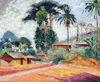 null Jean Marcel BUCHAILLE (1903-1986) Entrée de village, Cameroun, 1969. Huile sur...