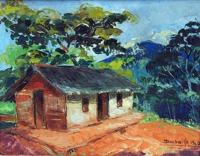 null Jean Marcel BUCHAILLE (1903-1986) Cases de village Cameroun. Huile sur carton...